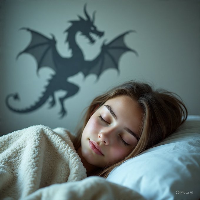 A digital illustration by Meta AI of a young girl sleeping peacefully in bed under a white blanket, with a dragon shadow cast on the wall behind her.
