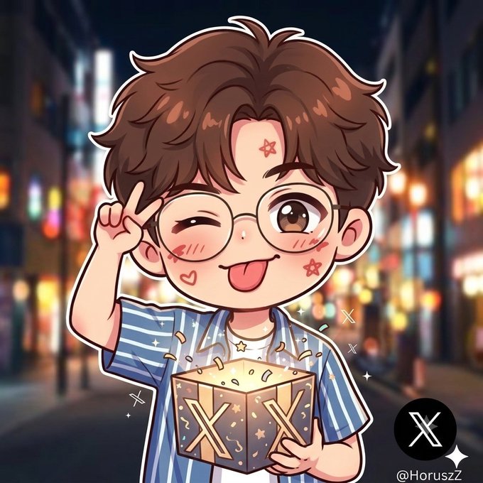 A cute anime-style boy winks and holds up a glowing gift box with sparkles, while the "@HoruszZ" handle and X logo appear in the corner, matching the celebratory giveaway theme of the post.