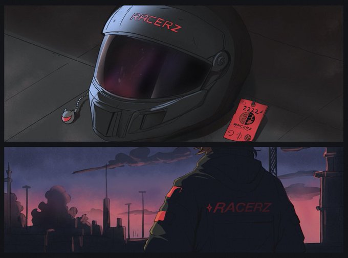 The image features a graphic design with two elements - a helmet that says "Racerz" and an album cover of a cityscape at sunset, indicating a theme related to racing events or music featuring this style. The background of the image has a gradient effect in the skyline area, creating a sense of depth and atmosphere. The text "/// RACERZ wallet checker is live. 2222 mint date: june 18th (14:00 UTC) GTD: 0.004E FCFS: 0.005E Public: 0.006E OpenSea ✓ Art Contest ✓ Grid Wars ✓ Community Collabs ✓ Nucleus ugc" can be found in the description of the image, providing more context about the design and its inspiration or creator.