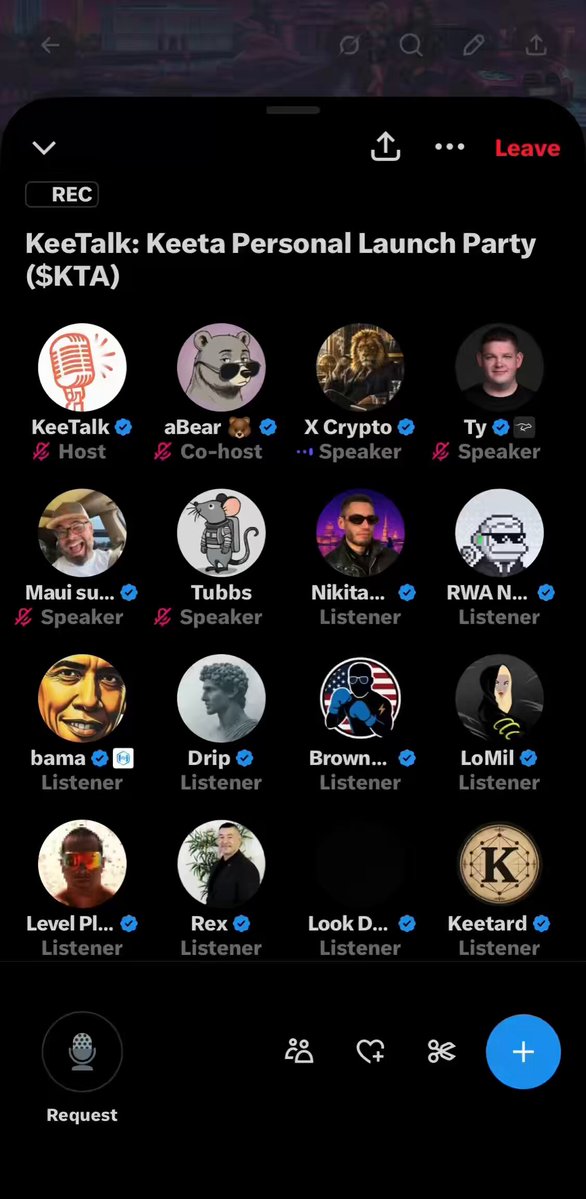The image shows a cell phone screen with various social media icons displayed. The main focus is on an icon that says "Keeta X Spaces" along with some text, possibly related to a conversation or event happening on Keeta X Spaces. There are also several other icons and names of people present in the image. The post seems to be about a personal launch party for Keeta X Spaces, where attendees can join by sending an invite message through the app.