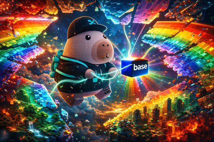 A capybara wearing a black cap and jacket holds up a glowing "base" logo against a vibrant, surreal landscape of rainbow shards and cityscapes. The whimsical mascot and explosive visual energy suggest a shift in how blockchain success is measured—moving beyond raw metrics toward creative, memorable brand identity, with Base positioned as a standout player in this evolving narrative.