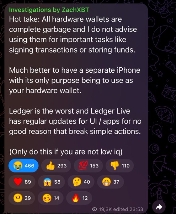 A Telegram message from 'Investigations by ZachXBT' claiming all hardware wallets are garbage and recommending a separate iPhone instead, with 466 laughing, 293 thumbs up, 153 angry, and 110 thumbs down reactions.