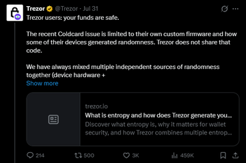 Trezor addresses concerns about their Coinjoiner's randomness generation, assuring users that their funds remain safe, while the accompanying post criticizes both Trezor and COLDCARD wallet for vulnerabilities in randomness and seed phrase generation.