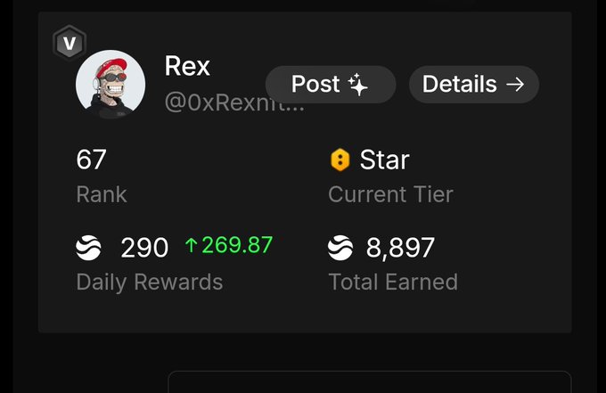 A digital profile card for user 'Rex' (@0xRexm...) showing Rank 67, Star tier, 290 daily rewards, and 8,897 total earned.