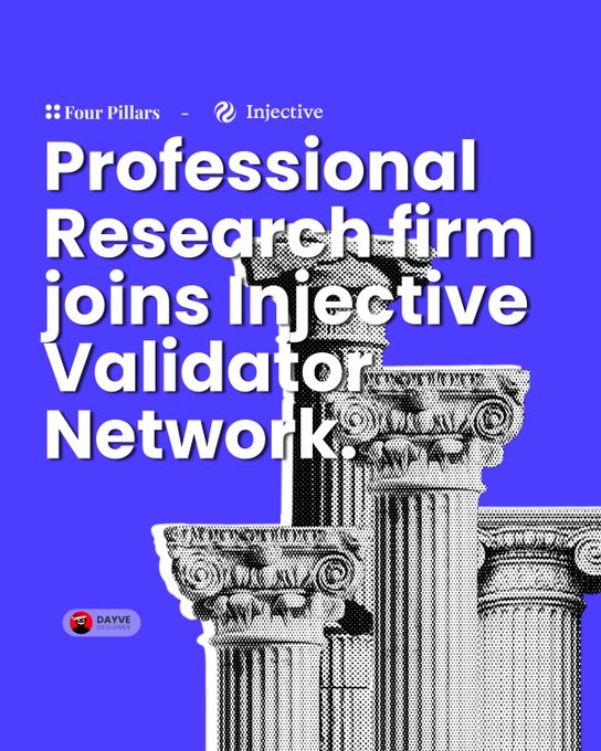 A purple and white promotional graphic announcing "Professional Research firm joins Injective Validator Network," featuring Four Pillars and Injective logos with classical Greek-style columns.