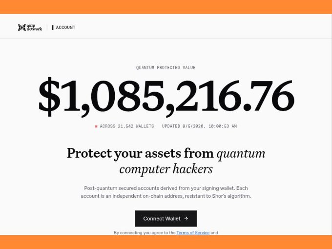 A website screenshot for 'Qunp Network' displaying a 'Quantum Protected Value' of '$1,085,216.76' across 21,542 wallets, with text promoting protection from quantum computer hackers.