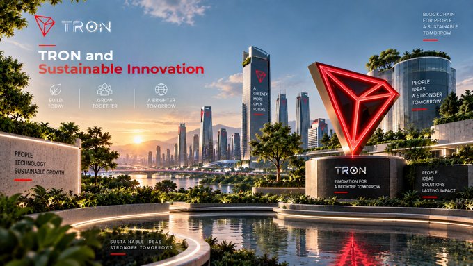 A promotional graphic for TRON featuring the text 'TRON and Sustainable Innovation' along with various sustainability-themed phrases surrounding a futuristic cityscape with a large red TRON logo.