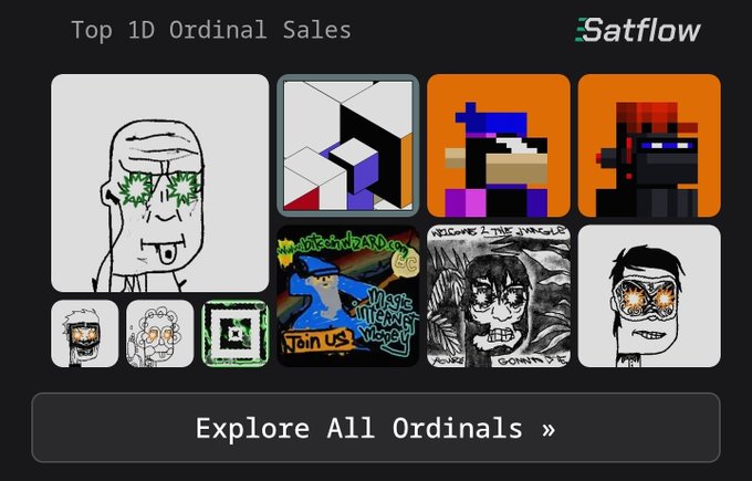 A screenshot from Satflow shows 'Top 1D Ordinal Sales' with various pixel art and cartoon NFT images displayed in a grid, including a button to 'Explore All Ordinals'.