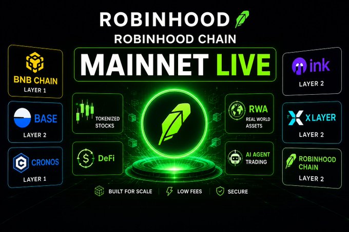 Promotional graphic announcing the Robinhood Chain Mainnet Launch, featuring integrations with BNB Chain, Base, Ink, Cronos, and X Layer.