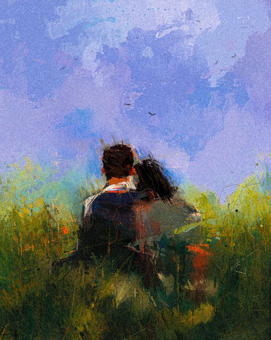 A digital or painted artwork depicting a couple sitting together in a grassy field, viewed from behind, rendered in an impressionistic, textured style with colorful brushstrokes.