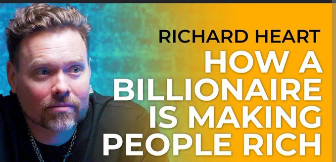 A YouTube thumbnail featuring a man on the left with the text 'RICHARD HEART - HOW A BILLIONAIRE IS MAKING PEOPLE RICH' in white on a colorful gradient background.
