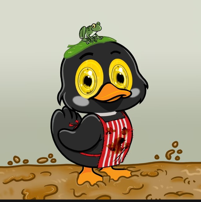 A cartoon-style illustration of a black penguin-like character with large yellow eyes, wearing a red and white striped shirt, standing on muddy ground with a small green frog on its head.