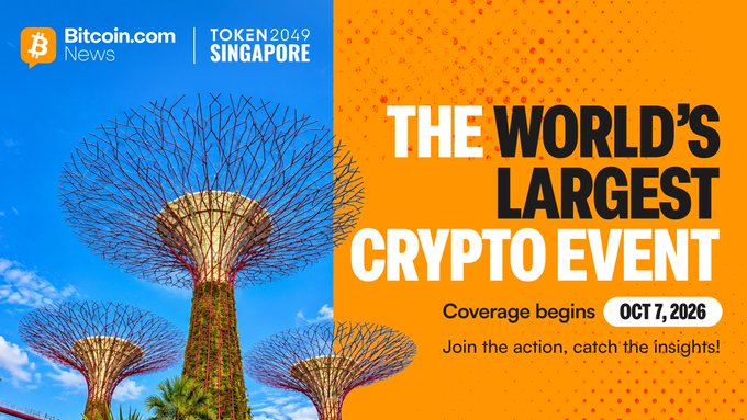 A vibrant orange and blue promotional graphic from Bitcoin.com News announcing coverage of TOKEN2049 Singapore, featuring the iconic Supertree Grove at Gardens by the Bay with bold text declaring it "THE WORLD'S LARGEST CRYPTO EVENT," noting that coverage begins October 7, 2026, and inviting viewers to "Join the action, catch the insights!"—visually reinforcing the accompanying post's announcement of their live news desk at the conference held October 7–8 at Marina Bay Sands.