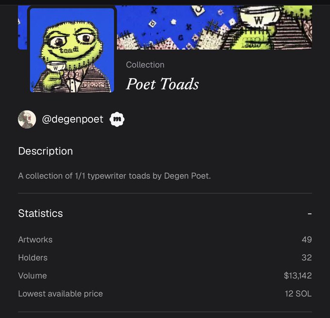 A screenshot of an NFT collection page titled 'Poet Toads' by @degenpoet, featuring a green toad character holding a cup with 'toad' on its chest, showing 49 artworks, 32 holders, and a volume of $13,142 with a lowest price of 12 SOL.
