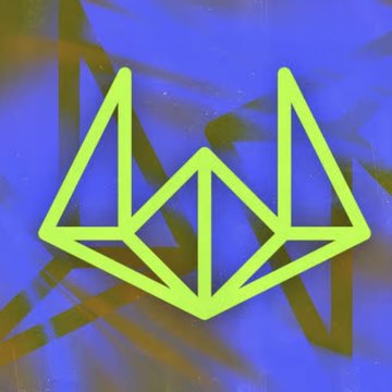 A neon green geometric crown or fox-head logo set against a bright blue background with abstract black brushstrokes.