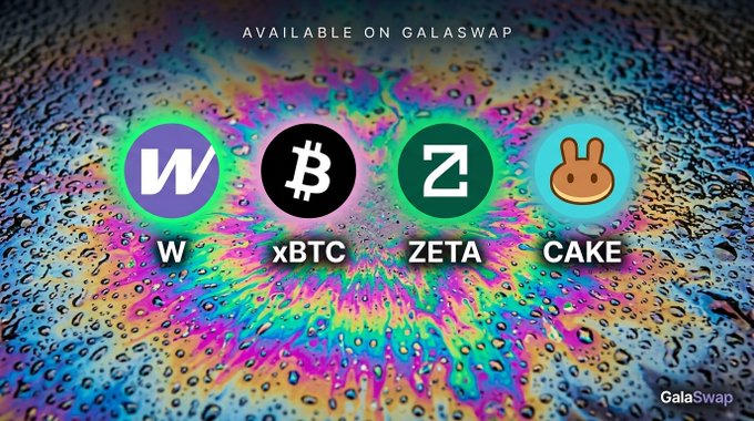 A colorful promotional banner for GalaSwap displays four circular token icons labeled "W," "xBTC," "ZETA," and "CAKE" against a vibrant water-droplet background, with the header "AVAILABLE ON GALASWAP." The image visually showcases the tradeable cryptocurrencies highlighted in the accompanying post about GalaChain's decentralized exchange.