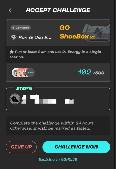 A STEP'N app screenshot shows an "ACCEPT CHALLENGE" screen for running 2 km and using 2+ Energy to earn 5 ShoeBox items, with 102 out of 500 participants.