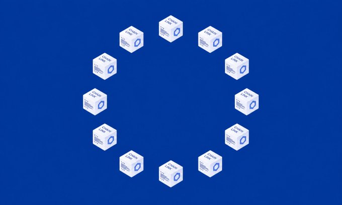 The image features the flag of the European Union (a circle of twelve yellow stars) cleverly recreated using 12 white cubes arranged in a circle, each labeled with the "Chainlink" name and logo, replacing the traditional stars. This visual directly reinforces the post's message by symbolizing Chainlink ($LINK) integrating across or dominating the EU, suggesting blockchain oracle adoption throughout European nations.