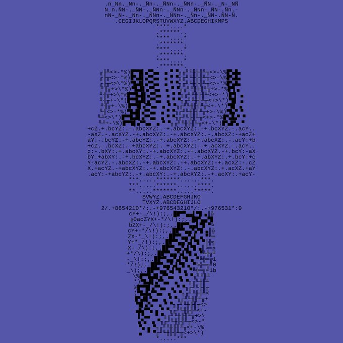 ASCII art on a blue background depicts a figure composed of various characters, numbers, and symbols.