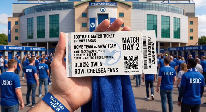 A close-up of a hand holding a 'FOOTBALL MATCH TICKET' for a Premier League match at Stamford Bridge, with 'MATCH DAY 2', 'BLOCK: OWL5', and 'ROW: CHELSEA FANS' visible, set against a stadium background filled with fans in blue 'USDC' shirts.
