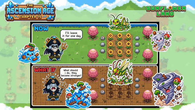 A game screenshot from 'THE ASCENSION AGE - CHAPTER 15' showing two panels labeled 'NOW' and 'WHAT IF' depicting a wizard character in a 'SUNFLOWER LAND' setting.
