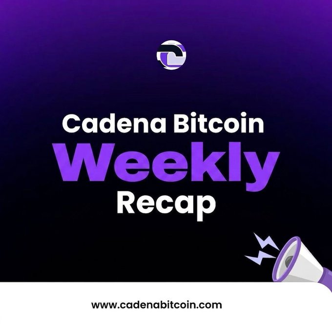 Purple-themed graphic for 'Cadena Bitcoin Weekly Recap' with a megaphone icon and website www.cadenabitcoin.com.