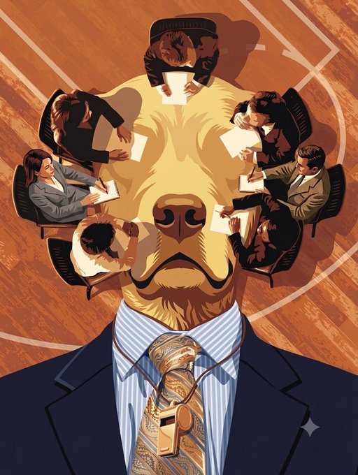 A surreal illustration of a man in a suit with a dog's head, his 'brain' replaced by a meeting table where suited people sit around taking notes.