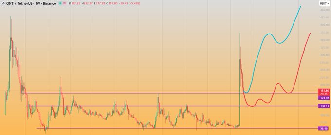 A Binance candlestick chart for QNT/TetherUS showing a sharp upward move, with visible price labels including 121.66, 125.62, 133.19, and 56.46.