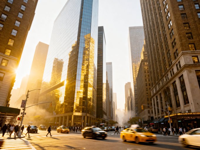 A sunlit city street scene featuring towering skyscrapers, a yellow taxi, pedestrians, and warm golden-hour light filtering between the buildings.