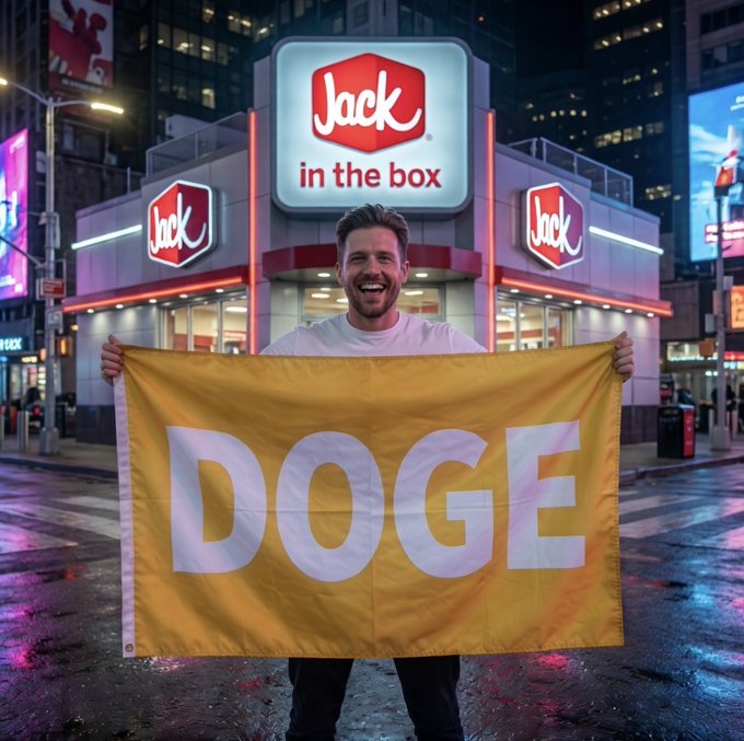 The image features a man holding up a yellow flag with white text that says "DOGE" in front of a Jack In The Box restaurant. This suggests that the man might be promoting or celebrating the launch of Dogecoin, which is a digital currency created by Bitcoin Foundation. The post also mentions that if Jack In The Box were to accept Dogecoin for everyday purchases, it would be one of the original fast food pioneer restaurants.