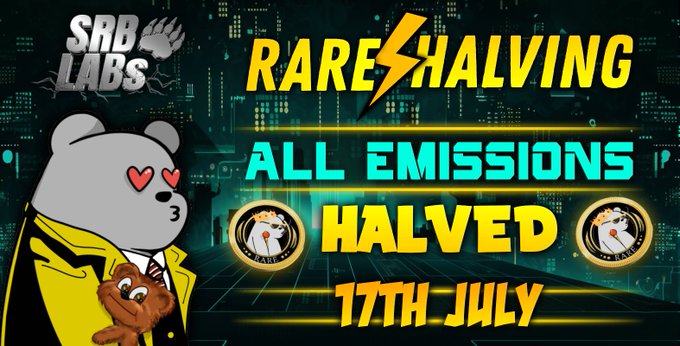 A vibrant banner for SRB Labs announcing a 'RARE HALVING' with 'ALL EMISSIONS HALVED' on 17th July, featuring a bear character in a yellow jacket with heart eyes holding a small dog.