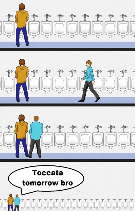 A comic strip shows a man at a men's restroom urinal being joined by another man, with the second panel showing him moving to the next urinal (leaving a gap), and the final caption reading "Toccata tomorrow bro," referencing the Kaspa Toccata event as a playful "urinal etiquette" joke about the crypto community's upcoming plan.