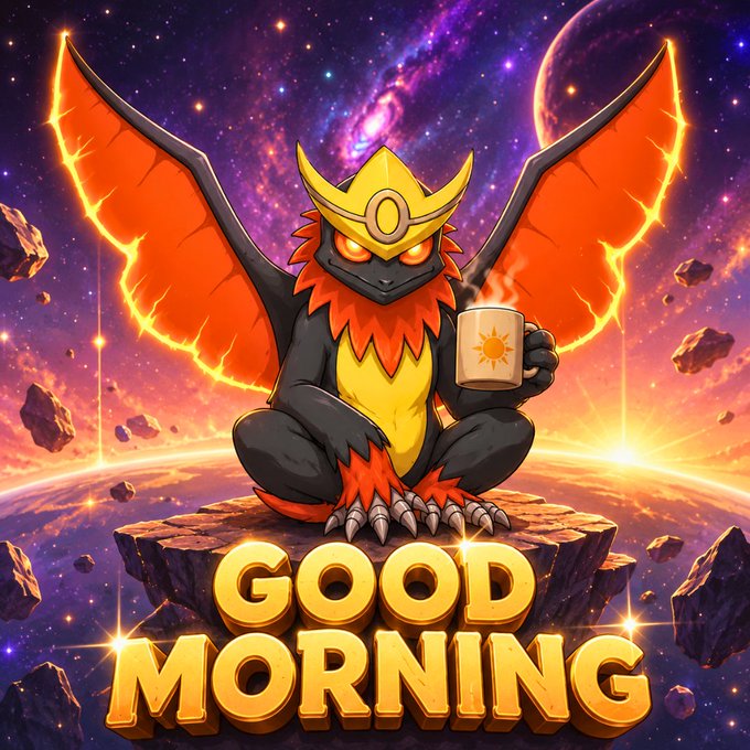 Cartoon dragon-like creature with orange wings sitting on a floating rock holding a mug, with 'GOOD MORNING' in large gold text against a cosmic background.