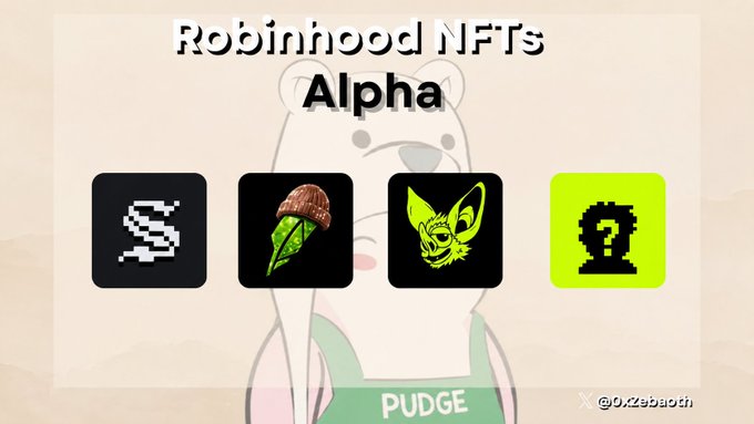 A graphic titled "Robinhood NFTs Alpha" displaying four NFT icons over a faded illustration of the Pudgy Penguins character "PUDGE," with the handle "@0xSebasth" visible in the corner.