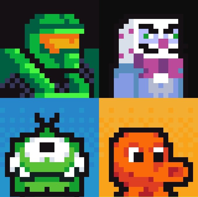 Four pixel art panels from the game Nuclear Throne featuring characters: a green frog-like figure, a white skull figure, a green single-eyed blob, and an orange lizard-like creature.