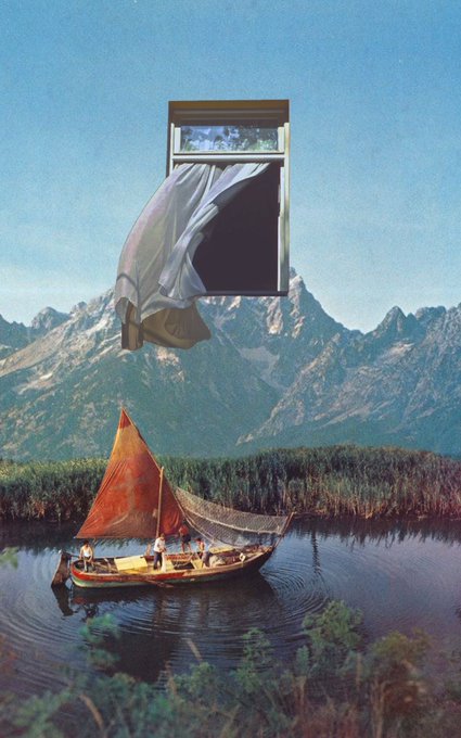 A surreal collage shows a sailboat on a river and mountain landscape beneath an open upper-story window with curtains billowing outward into the sky.