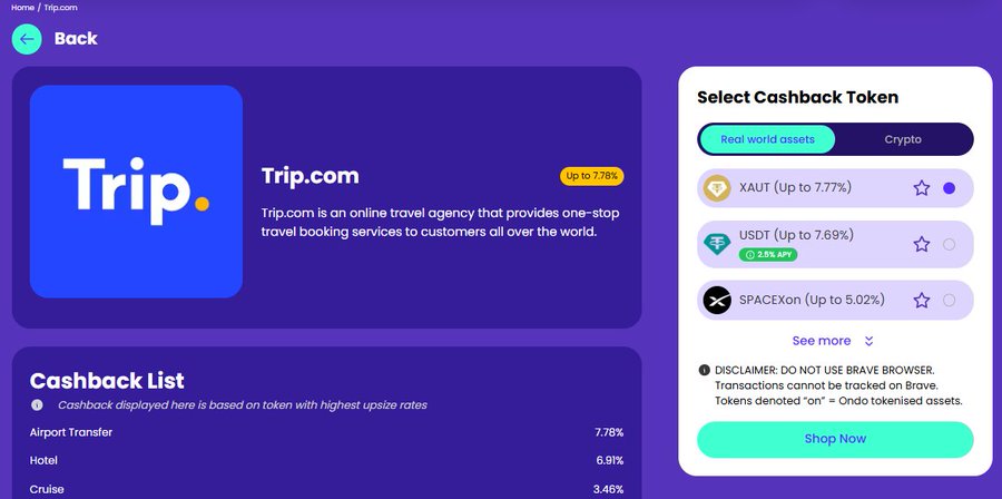 A purple-themed app screen displays the 'Trip.' cashback token section, highlighting travel booking services with up to 7.76% cashback and listing XAUT, USDT, and SPACEXon tokens.