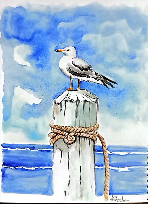 A watercolor and ink illustration of a seagull perched on a wooden piling wrapped with rope, set against a blue sky and ocean background, signed 'ohnohn.'