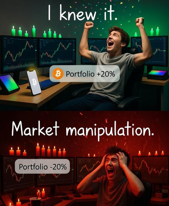 A two-panel comparison meme showing a young man celebrating a 'Portfolio +20%' gain in green lighting with text 'I knew it,' versus the same man distressed under red lighting with 'Portfolio -20%' and text 'Market manipulation,' with Bitcoin references visible.