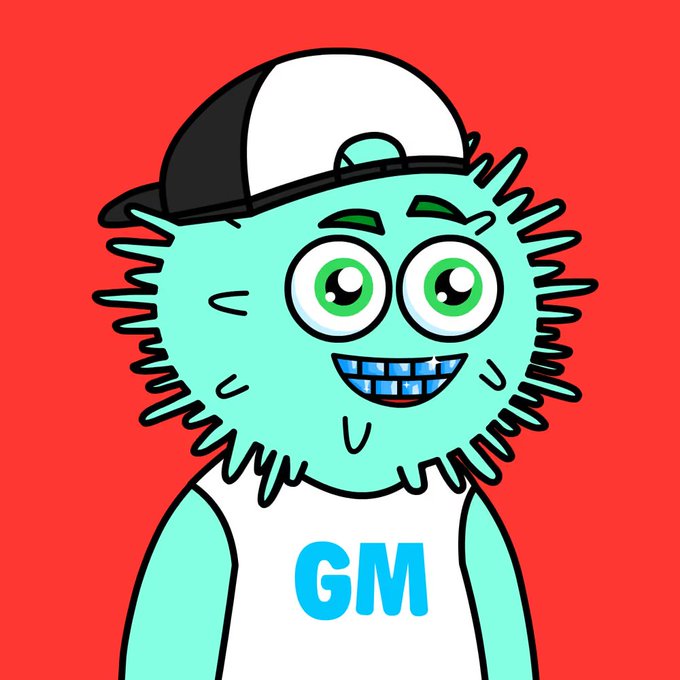 A cartoon illustration of a fluffy teal character wearing a black and white trucker hat and a white shirt with "GM" printed in blue, set against a solid red background.
