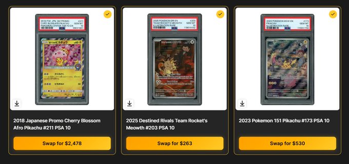 The image shows three PSA-graded Pokémon cards listed for swap on what appears to be the Solana Claws platform: a 2018 Japanese Promo Cherry Blossom Afro Pikachu #211 PSA 10 (Swap for $2,478), a 2025 Destined Rivals Team Rocket's Meowth #203 PSA 10 (Swap for $263), and a 2023 Pokémon 151 Pikachu #173 PSA 10 (Swap for $530). The image ties to the post by illustrating the three card trades that allowed the user to turn $1,500 into $3,200 in under 30 minutes on the new Solana Claws platform.