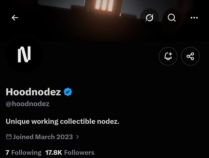 A verified account for Hoodnodez (@hooodnodez), a "unique working collectible nodez" project that joined in March 2023 and has gained 17.8K followers despite only following 7 accounts. The profile image features a stylized "N" logo, likely showcasing the early-stage NFT collection teased in the accompanying post about their 8,888 supply launch on Robinhood.