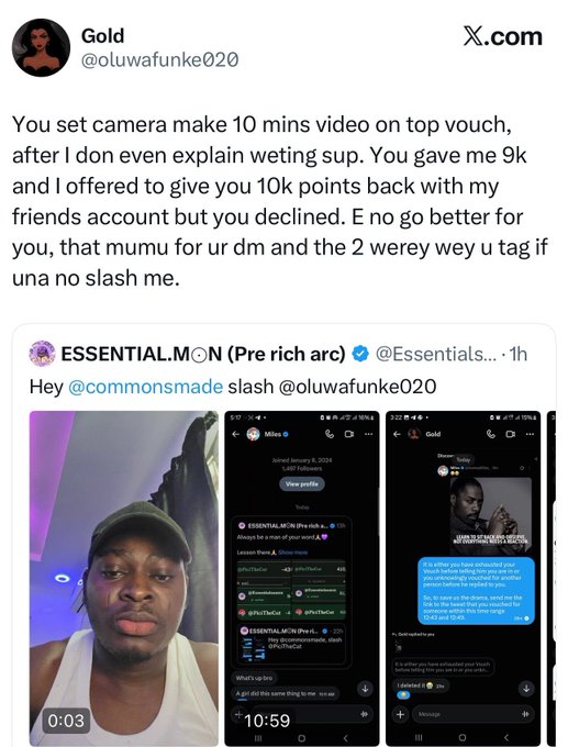 A user named Gold (@oluwafunke020) posts a screenshot of a Twitter reply calling out @commonsmade and @Essentials, claiming they paid 9k for a 10-minute video and offered 10k points back but were declined, with screenshots of chat messages and a video timestamp of 10:59 visible as evidence of the dispute.