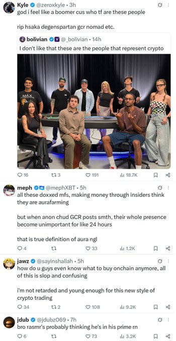 A screenshot of social media posts, including one by Kyle (@zeroxkyle) showing a group of crypto personalities around a poker table with the caption 'god i feel like a boomer cus who tf are these people', which receives 191 likes and 18.7K views.