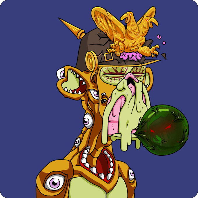 A bizarre cartoon illustration shows a melting yellow creature wearing a spiked helmet topped with a golden eagle, featuring multiple eyes and mouths and holding a dark green orb.