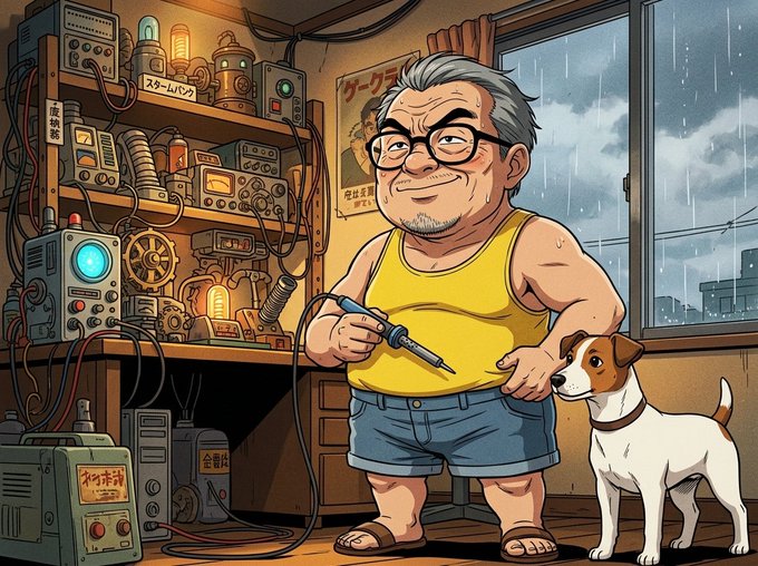 A cartoon-style illustration of a gray-haired man in a yellow tank top and blue shorts holding a soldering iron, standing in a cluttered workshop filled with electronics and machinery, accompanied by a Jack Russell Terrier, with a rainy sky visible through the window.