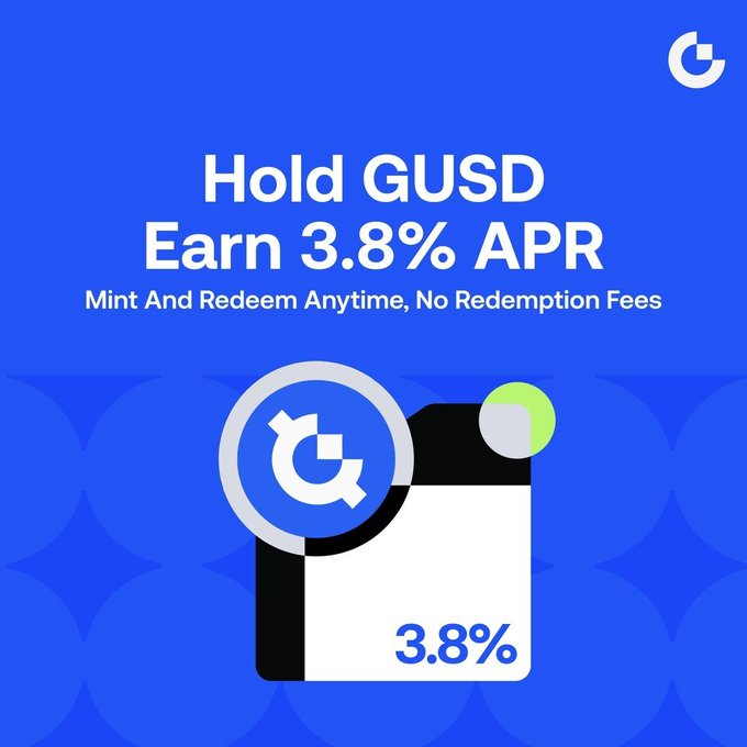 The image is a promotional graphic with a blue background featuring the GUSD logo in the top right, displaying "Hold GUSD, Earn 3.8% APR" with the subtext "Mint And Redeem Anytime, No Redemption Fees." Below the text is an illustration of a card showing the Gemini "G" logo and "3.8%," visually reinforcing the post's message about earning 3.8% APR on GUSD stablecoin holdings with flexible, fee-free redemption.