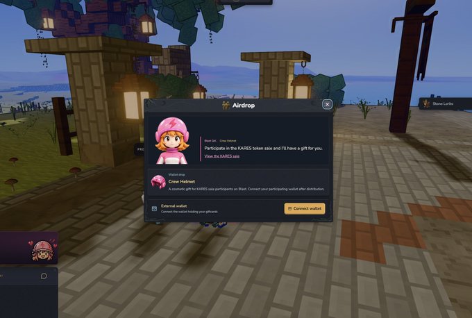 A screenshot from a video game showing an in-game 'Airdrop' notification from 'Crew Helmet' offering a token sale gift to KARES participants, with a connect wallet button.