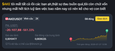 A Vietnamese social media post criticizing $AKEUSDT token, showing a -20,107.88 (-561.33%) PNL, mentioning that everyone lost money and advising not to hold the token overnight.