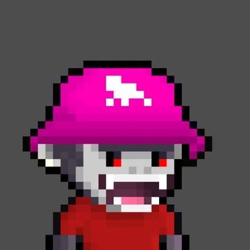Pixel art character of a small zombie-like figure wearing a bright pink bucket hat and red shirt against a gray background.